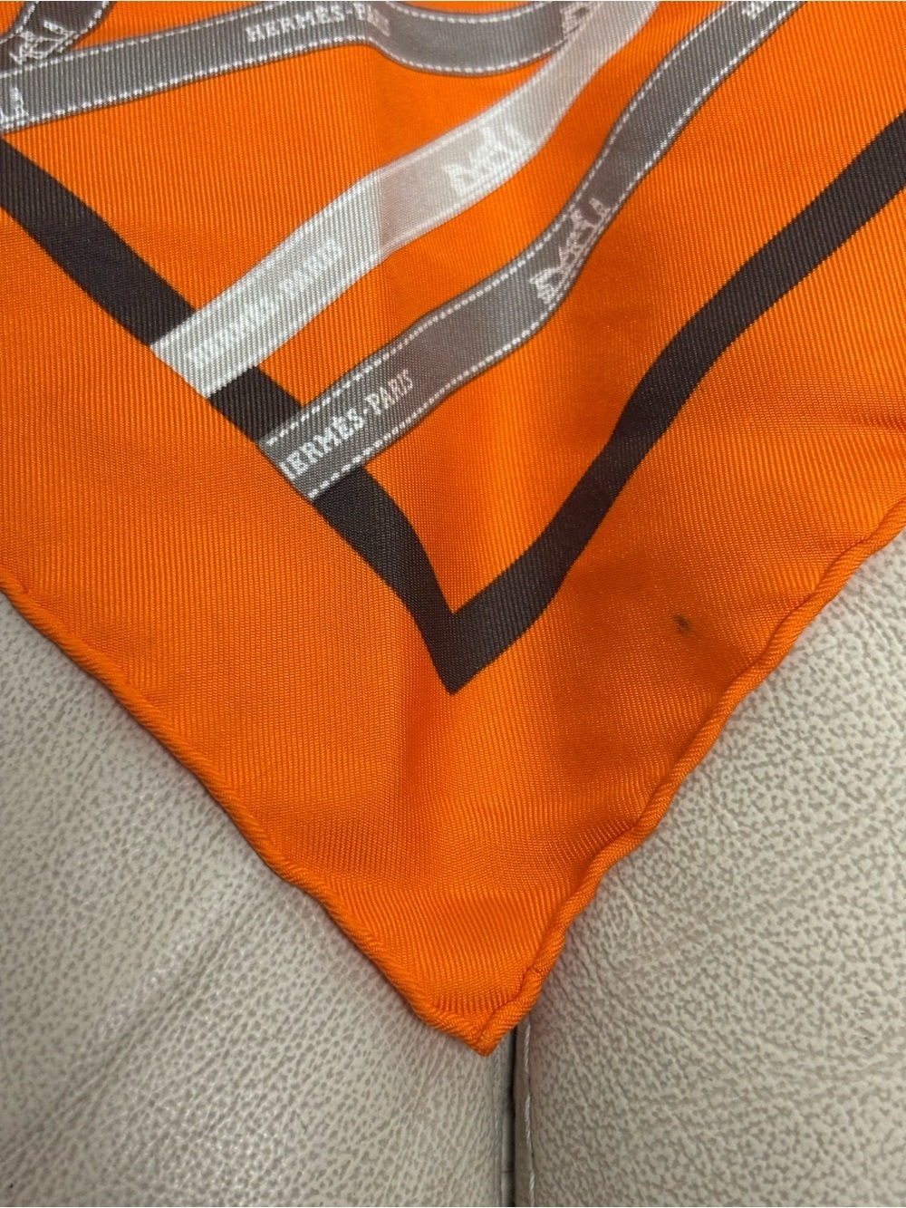 VTG HERMES Bolduc Triangle Silk Scarf Orange Brown White Gray Ribbon - Picture 6 of 15
